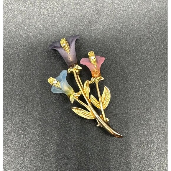 Vintage Floral Brooch Pin Lianna LIA Gold Toned Calla Lily Flower Pink Blue - Picture 1 of 9